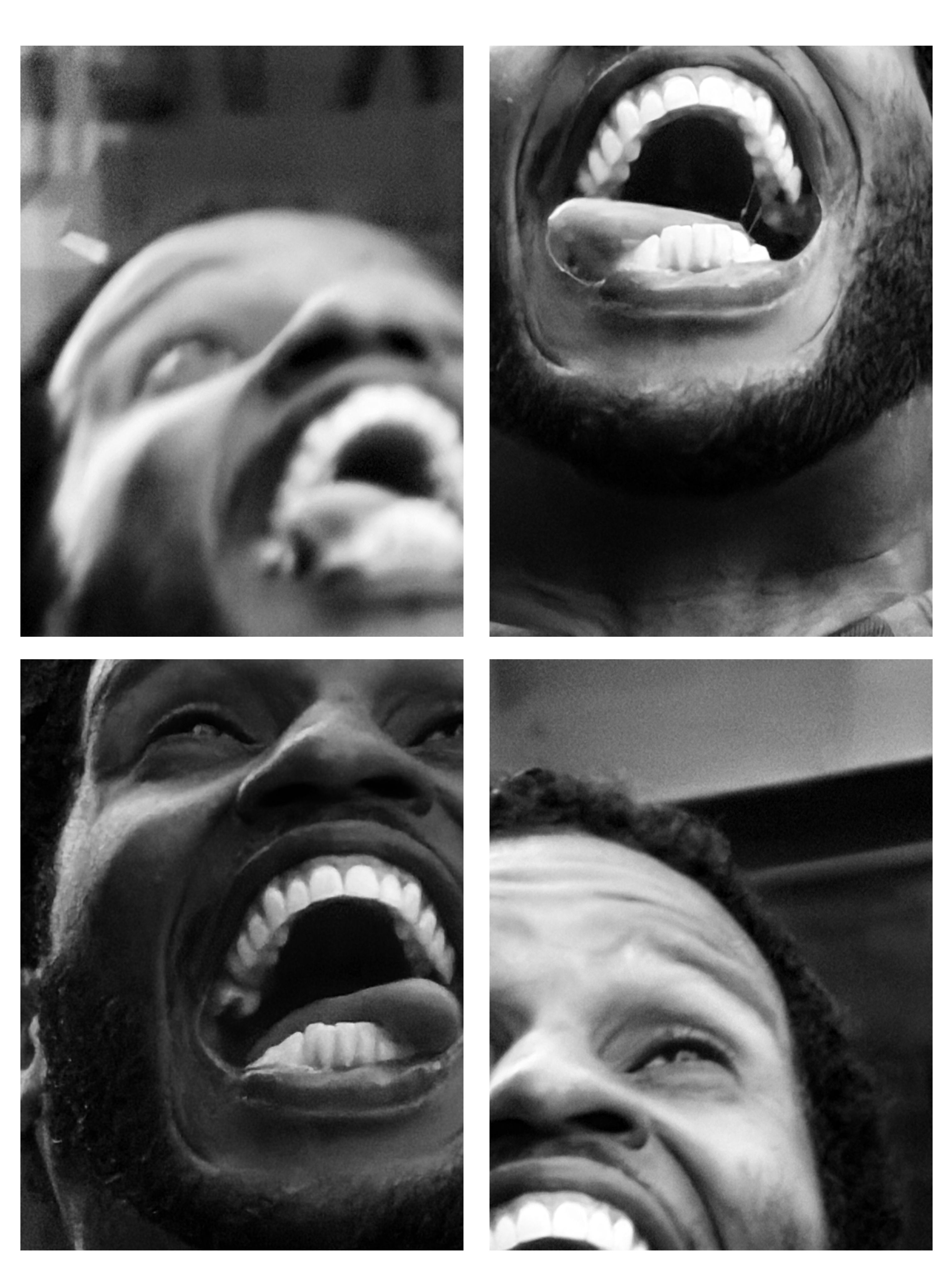 Grid of black and white laughing portraits