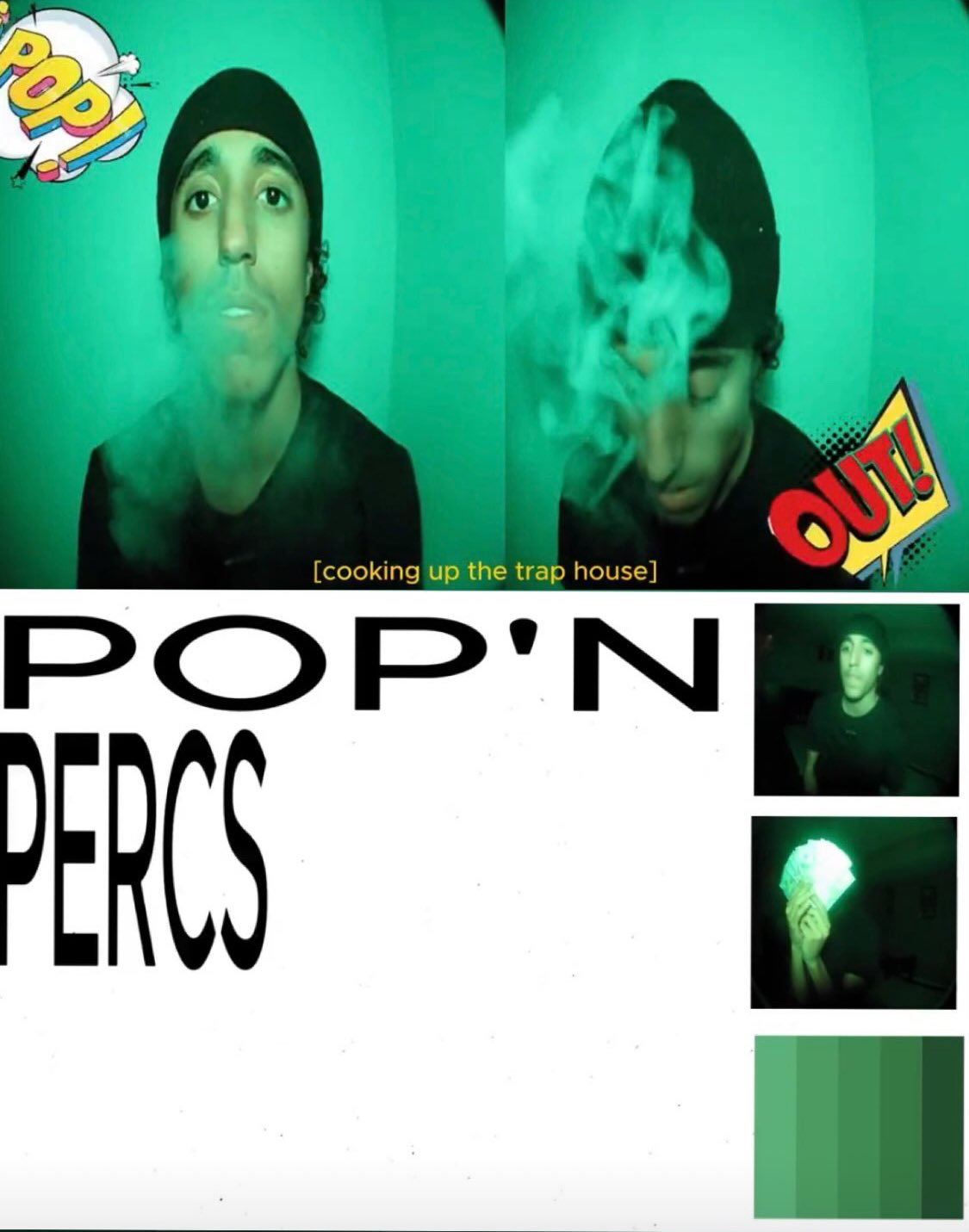Pop'n Percs poster layout with green-tinted photographs